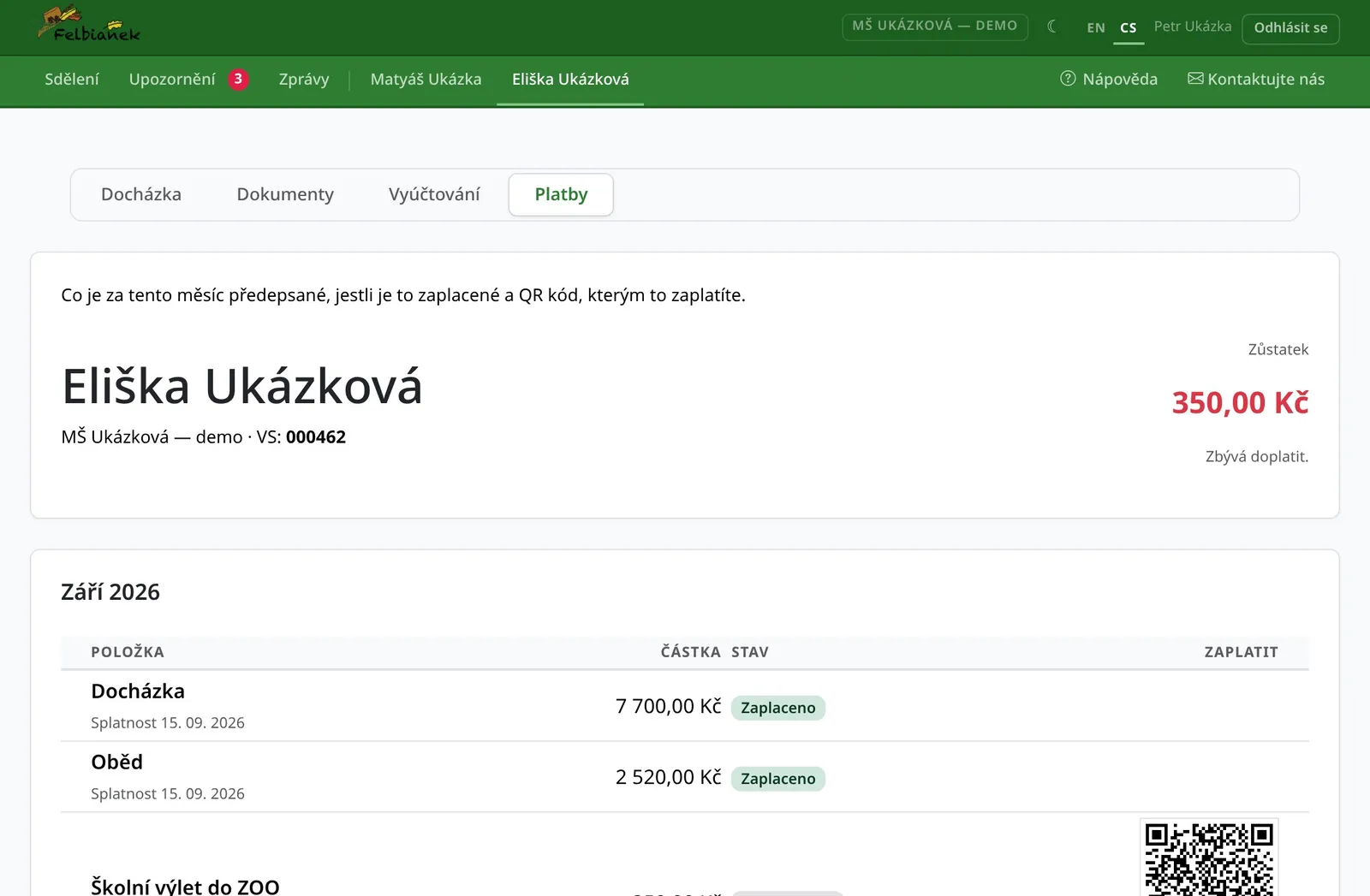 Platby za měsíc s QR kódem