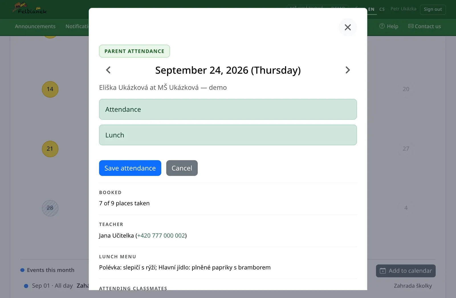 Day detail: attendance, lunch, capacity and menu
