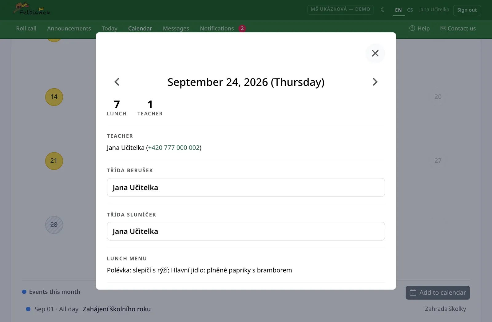 Day detail with shifts and child counts